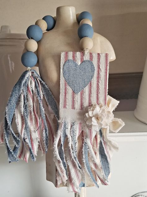 Rag Flag, Patriotic Door Hanger, Americana Crafts, 4th July Crafts, 4th Of July Decor, Wooden Bead Garland, Fourth Of July Decor, July Decor, Coffee Table Decor