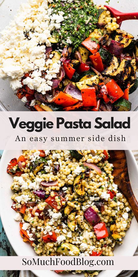 This easy vegetarian Grilled Veggie Pasta Salad is a must for any summer gathering! This fresh salad features grilled veggies, pearl couscous, feta cheese, and an incredible chimichurri vinaigrette. Chimichurri Vinaigrette, Pearl Couscous Recipes, Grilled Vegetable Salads, Easy Summer Side Dishes, Veggie Pasta Salad, Grilled Salad, Bbq Salads, Pearl Couscous, Cold Pasta Salad