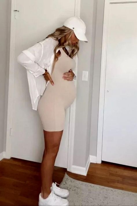 Maternity Outfit Idea, Linen Shirt, Romper Maternity Outfit Ideas Summer, Pregnancy Romper Outfit, Cute Maternity Outfits Summer, Tanologist Mousse, Maternity Outfits Summer, Pregnancy Outfits Casual, Pregnancy Fits, Bump Outfits, Manifest 2024