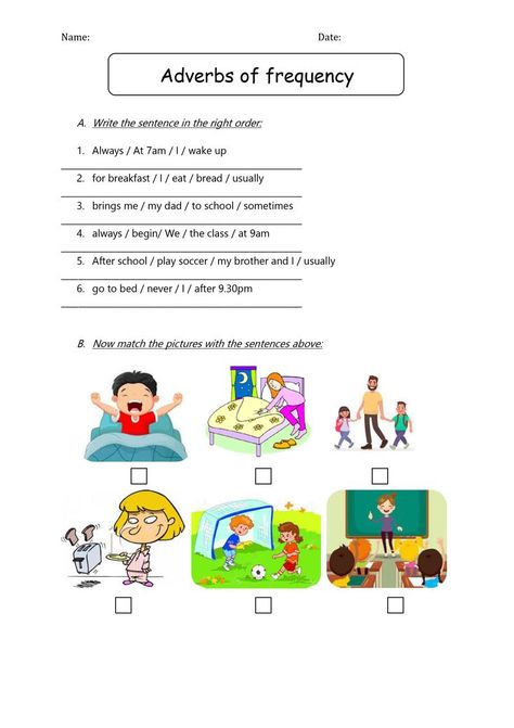 This worksheet aims at practicing the adverbs of frequency by putting the words in the right order to form a sentence. Frequency Worksheet, Adverbs Worksheet, Grammar Sentences, Worksheets For Grade 3, Creative Lesson Plans, English Phonics, Shapes Worksheets, 2nd Grade Worksheets, Kids English