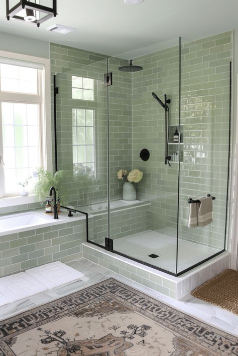 Modern and Chic: 27 Green Bathroom Ideas you need to see Seafoam Green Shower Tile, Green Tiled Shower Bathroom, Green Walk In Shower Ideas, Master Bathrooms Green, Bathrooms With Green Tiles, Green And Cream Bathroom Ideas, Master Bath Ideas Green, Small Bathroom Sage Green, White And Sage Green Bathroom