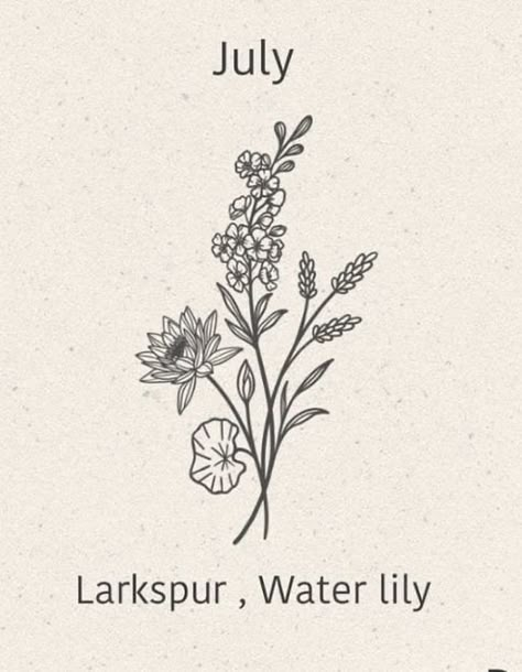 July Birth Flower Bouquet, Larkspur Flower Tattoos, Larkspur Tattoo, Water Lily Tattoos, Pretty Flower Tattoos, First Tattoo Ideas, Lily Flower Tattoos, July Birth Flower, Birth Flower Bouquet