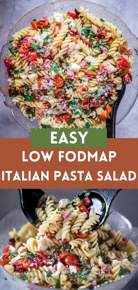 Simple Low FODMAP Italian Pasta Salad, with an option to make it vegan. It's super easy to make, healthy, and IBS Friendly. Easy Fodmap Recipes, Pasta Salad Gluten Free, Ibs Diet Recipes, Pasta Salad Vegan, Mushroom Fettuccine, Spaghetti Marinara, Ibs Friendly Food, Salad Gluten Free, Fodmap Lunch