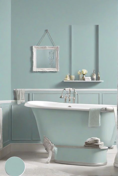 bathroom renovation, bathroom design, bathroom interior, bathroom decor Blue Bathroom Walls, Bathroom Decor Themes, Sage Green Kitchen, Green Kitchen Cabinets, Green Cabinets, Blue Bathroom, Paint Brands, Soothing Colors, Painting Bathroom