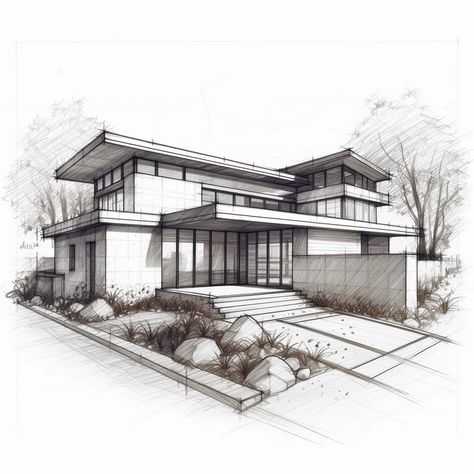 Sketching Tranquil Retreats: Exterior Design Excellence Architectural Hand Rendering, 2 Perspective Drawing House, House Sketch Architecture Drawings, Modern House Perspective, Exterior Perspective Rendering, Modern House Drawing Sketches, Exterior Perspective Drawing, Interior Architecture Sketch, House Design Drawing