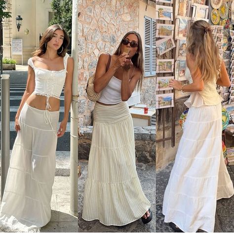 White Flowy Skirt Outfit, 2023 Goodbye, White Skirt Outfit Summer, Flowy Skirt Outfit, White Boho Skirt, Goodbye August, White Flowy Skirt, White Skirt Outfits, Summer Coquette