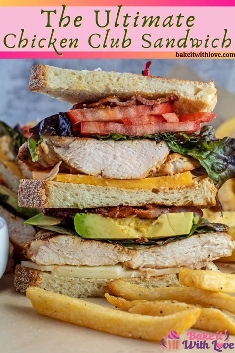 The layers of fresh toppings in this Chicken Club Sandwich top off the pan seared chicken breast and bacon so wonderfully, truly a hearty and satisfying sandwich! When you are craving a sandwich, and not just any sandwich, but the perfect Chicken Club Sandwich! #bakeitwithlove #chickenclubsandwich #clubsandwich #grilledchicken Deli Chicken Sandwich, Chicken Bacon Club Sandwich, Chicken Blt Sandwich, Chicken Breast And Bacon, Fried Chicken Club Sandwich, Grilled Chicken Club Sandwich, Chicken Club Sandwich Recipes, Chicken Breast Sandwich Recipes, California Chicken Club Sandwich