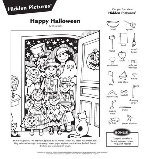 Hidden Pictures Printables, Hidden Pics, Highlights Hidden Pictures, Hidden Picture Puzzles, Hallowen Ideas, Hidden Images, Library Activities, Halloween Coloring Book, October Halloween