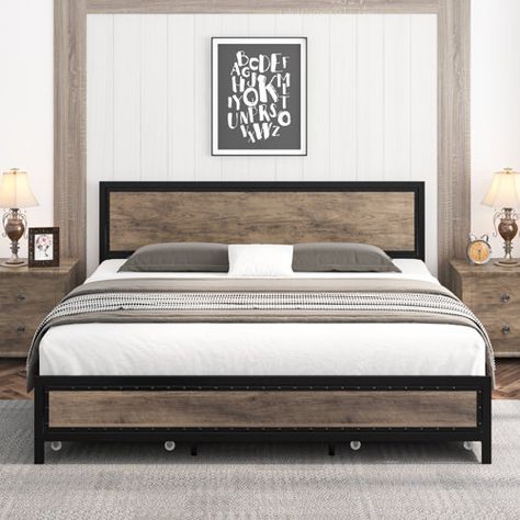 Trent Austin Design® Divya Led Bed Frame With 4 Storage Drawers And Headboard Shelf, Industrial Metal Platform Bed With 2 Charging Outlets And 2 Usb Ports, Adjustable Light Colours & Modes, Rustic Brown/Black - Wayfair Canada Bed Panels, Headboard With Shelves, Led Bed Frame, Storage Platform Bed, Metal Headboard, Storage Platform, Small Space Bedroom, Teen Bedroom Furniture, Bedroom Essentials