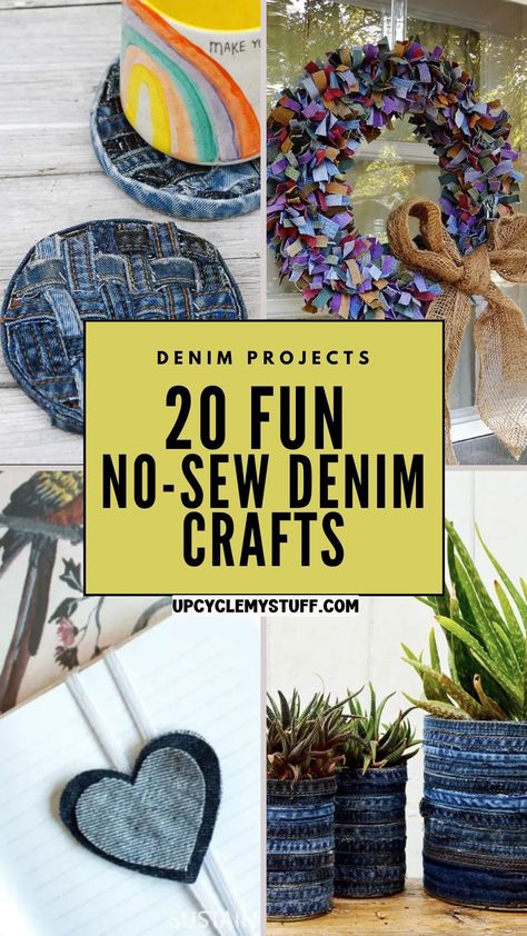 Explore 20 no-sew denim crafts and upcycle jeans into creative projects you’ll love! These recycling jeans ideas include DIY denim bag old jeans crafts, scrap fabric projects, and things to make out of old jeans like bags made from old jeans. Perfect for spring crafts or March crafts, these upcycled crafts feature easy fabric crafts and denim jeans recycle ideas. Whether you’re deconstructing jeans or reusing fabric scraps, these DIY projects will inspire your next upcycling adventure! Upcycled Fabric Crafts, Repurposing Denim Jeans, Jean Pot Holders Diy, Crafts Using Old Clothes, Thrifted Clothing Upcycle, Denim Lampshade Diy, Denim Pot Holders Diy, Denim Jeans Recycle Ideas, What To Make From Old Jeans