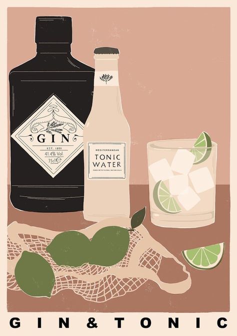 Cocktail Illustration, Bar Poster, Dorm Art, Vintage Poster Design, Neutral Prints, Gin Tonic, Food Illustrations, Cool Posters, Bottle Design