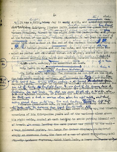 This 1947 manuscript page shows some of the revisions '1984' went through. Because Orwell was too sick to sit for long periods of time, he usually wrote and edited from bed, which he noted was awkward with a typewriter. Winston Smith, Manuscript Paper, Men Of Letters, Admissions Essay, First Draft, Letter Form, George Orwell, Writing Process, Custom Paper