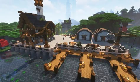 Minecraft Loading Dock, Fishing Market Minecraft, Minecraft Building Ideas Dock, Minecraft Dock Crane, Minecraft Shipping Dock, Minecraft Medieval City Ideas, Minecraft Harbour Ideas, Minecraft Docks Medieval, Minecraft Docks Ideas