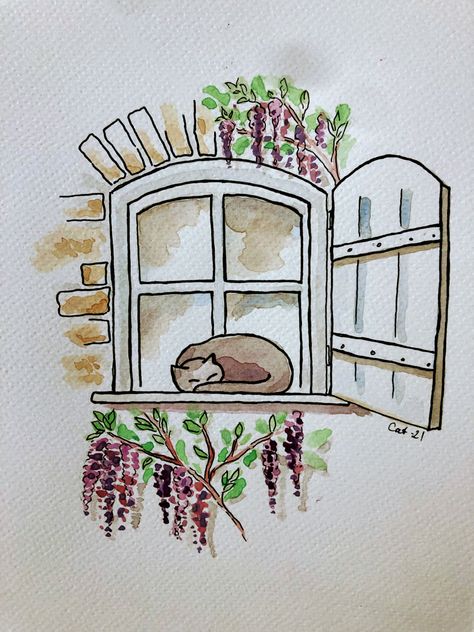 Big Window Drawing, Cottage Window Drawing, Cat In Window Watercolor, Water Colour Painting Aesthetic Easy, Italian Drawings Easy, Cat In Window Drawing, Watercolor Drawings Aesthetic, Watercolour Window, Notebook Ideas Drawing