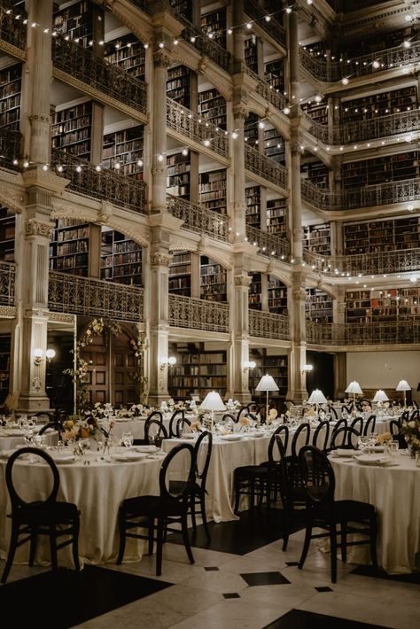 Weddings - George Peabody Library Private Events New York Library Wedding, Nyc Library Wedding, Library Aesthetic Wedding, Grand Ballroom Wedding, Wedding Venues Library, Cozy Romantic Wedding, Wedding Venues Old Money, Wedding In Library, Classic Wedding Venue Ideas