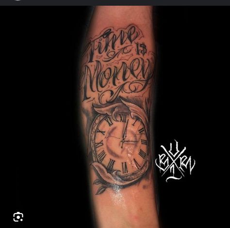 Time Is Precious Tattoo, Tattoo With Clock, Precious Tattoo, Time Is Money Tattoo, Gentleman Tattoo, Money Rose Tattoo, Mario Tattoo, Rose Hand Tattoo, Hourglass Tattoo