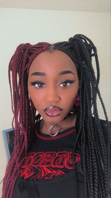 Draculaura Box Braids, Gothic Braids, Half And Half Hair Color Box Braids Red And Black, Box Braids Split Color, Split Color Box Braids, Gothic Box Braids, Emo Box Braids Hairstyles, Alt Box Braids Hairstyles, Cultural Hairstyles