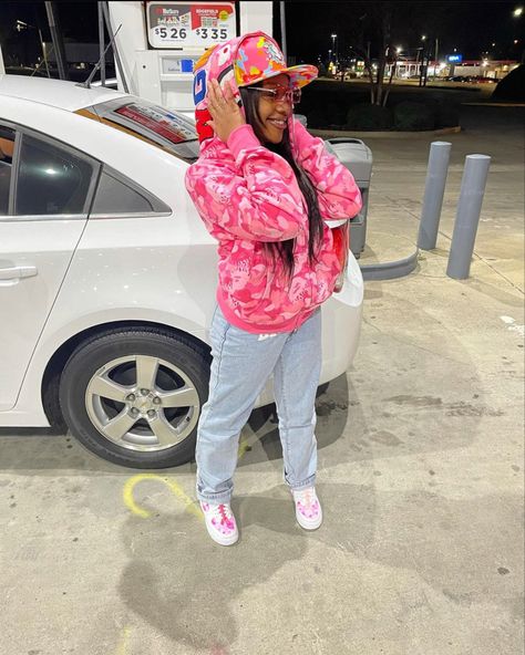 Pink Bape Jacket Outfit, Bape Jacket Outfit, Pink Bape Jacket, Aj4 Outfit, Bape Hoodie Outfit, Pink Bape Hoodie, Hood Princess, Cybery2k Fashion, Black Girls Fashion