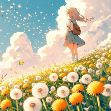 AI generated Illustration girl dandelion #ai  #wallpaper  #dandelion  #illustration  #background  #aiillustration #girl Dandelions Anime, Dandelions Illustration, Raining Aesthetic, Dandelion Illustration, Dandelion Drawing, Blowing Dandelion, Garden Illustration, Anime Fanfiction, Color Script