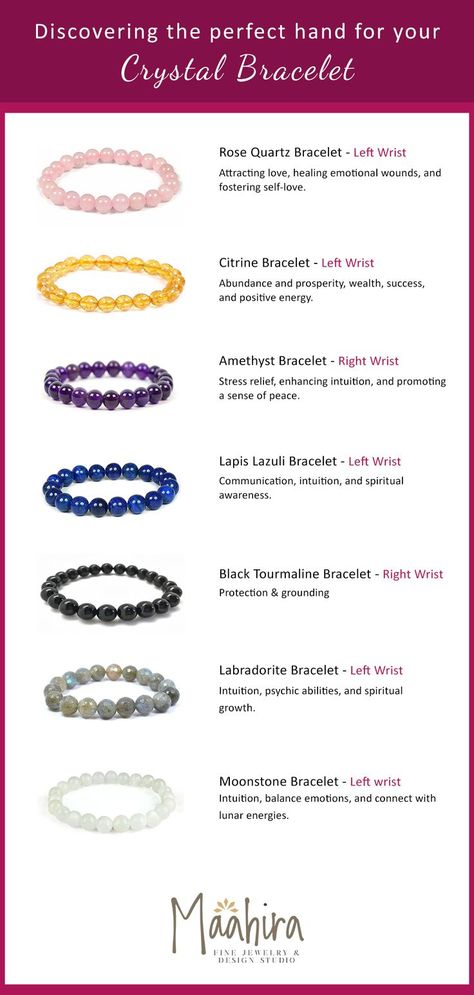 complete guide for in which hand to wear crystal bracelets. Fine Jewelry Design, Best Healing Crystals, Diamond Enhancer, Crystal Healing Chart, Black Tourmaline Bracelet, Jewelry Design Studio, Spiritual Bracelets, Healing Gemstone Bracelets, Bracelets With Meaning