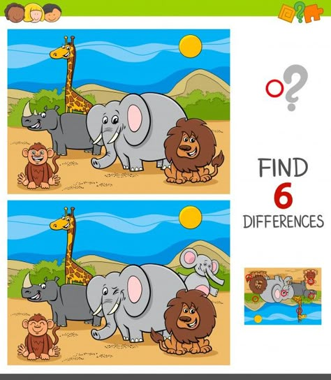 Differences game with safari animal char... | Premium Vector #Freepik #vector #kids #children #education #character Spot The Difference Kids, Find The Difference Pictures, Find The Differences Games, Educational Games For Preschoolers, Find The Difference, Printable Games For Kids, Spot The Difference, Educational Games For Kids, Hidden Pictures