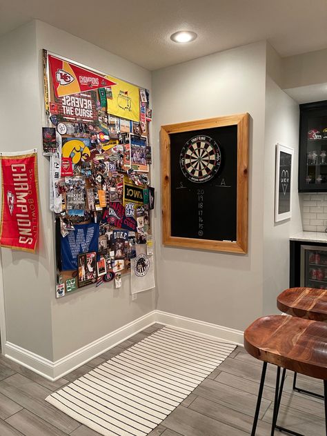 Electronic Dart Board Wall Ideas, Dart Board Wall Ideas Diy, Dart Board Wall Ideas, Brighten Up A Basement, Be Curious Not Judgemental, Dart Board Wall, Cabin 7, Basement Carpet, Chalk Wall