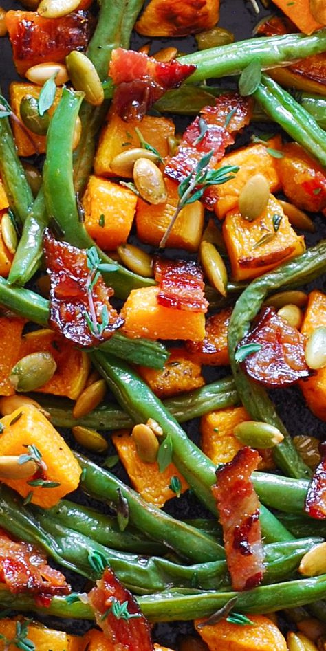 Roasted Vegetables (Green Beans and Butternut Squash) with Bacon and Pumpkin Seeds. Butternut Squash With Bacon, Thanksgiving Vegetable Sides, Thanksgiving Vegetables, Thanksgiving Side Dishes Easy, Thanksgiving Food Sides, Pumpkin Seed Recipes, Holiday Side Dish, Roasted Vegetable Recipes, Roasted Green Beans