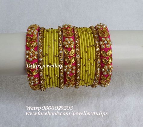 Silk Thread Bangles Design Bridal, Thread Bangles Silk Handmade, Rawsilk Bangles, Cloth Bangles, Tread Bangles, Aari Bangles, Flower Jewelry Diy, Silk Thread Earrings Designs, Khan Khan