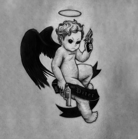 Cupid Tattoo, Horror Movie Tattoos, Archangel Tattoo, Etching Tattoo, Sugar Skull Artwork, Cherub Tattoo, Engraving Tattoo, Prison Art, Movie Tattoos