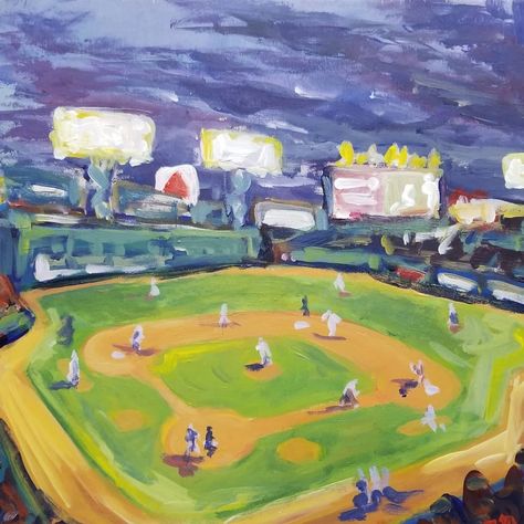 Acrylic painting of baseball game at Fenway, the Green Monster, the Citgo sign, the Red Sox Fenway Park Drawing, Baseball Painting Easy, Baseball Field Painting, Baseball Painting Ideas, Fenway Park Painting, Boston Painting, Baseball Watercolor, Cricket Aesthetic, Citgo Sign