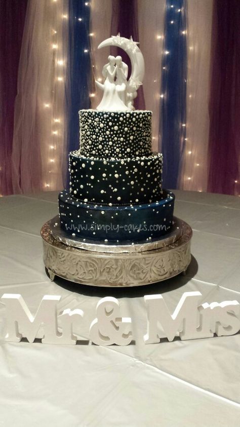 Under the stars/space wedding cake with hand piped "stars"   Www.facebook.com/simplycakes.brittneyshiley  Www.simply-cakes.com Galaxy Wedding Cake Ideas, Space Wedding Centerpieces, Celestial Cake Topper, Under The Stars Cake, Under The Stars Wedding Theme, Moon And Stars Wedding Theme, Celestial Cakes, Galactic Wedding, Space Themed Wedding