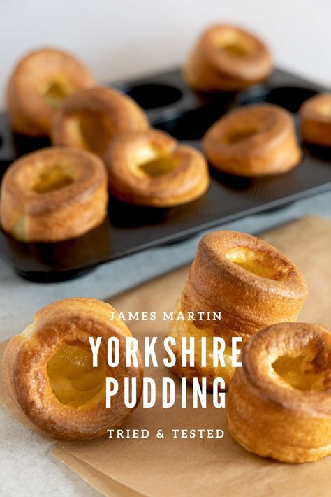 We tested James Martin Yorkshire puddings to find out if it's the perfect reliable recipe for this popular English side dish, and our experiment was full of surprises. James Martin Yorkshire Pudding, Yorkshire Pudding Jamie Oliver, Sims Food, Yorkshire Pudding Recipe, James Martin Recipes, Yorkshire Pudding Recipes, Kitchen Colours, Yorkshire Puddings, British Recipes