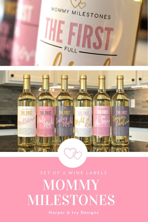 Baby shower gift idea! Mommy Milestones Wine Labels - Set of 6 - By Harper & Ivy Designs. #baby #babyshower #showergift #newmomgift #giftsforher #sipandsee Pregnancy Gift Ideas, Milestone Wine, Wine Bottle Label Design, Wine Label Printable, Homemade Things, Baby Shower Prizes, Couples Baby Showers, Gift Ideas For Mom, Bottle Label Design