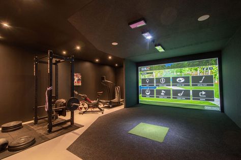 Home Gym And Golf Simulator, Garage Gym And Golf Simulator, Gold Simulator Room, Golf Simulator Movie Room, Golf Simulator Man Cave, Home Golf Simulator Room Design, Classic Game Room, Basement Golf Simulator Room, Golf Simulator Room Design Garage