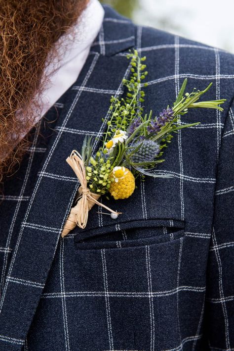 Tartan suit with wild flower button hole for festival themed tipi wedding. Inkersall Grance Farm Wedding © Jessica Grace Photography Button Hole Wedding, Wild Flower Button Holes Wedding, Wild Flower Corsage, Wild Flower Button Holes, Button Hole, Wedding Button Holes, Button Holes, Wild Flower Boutonniere, Wild Flower Wedding Theme