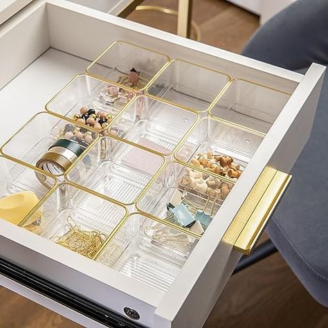 Limited-time deal: Martha Stewart Kerry Plastic Stackable Office Desk Drawer Organizers, 3" x 3", 12 Pack, with Gold Trim Desk Drawer Organizers, Office Desk Drawer, Martha Stewart Home, Desk Dividers, Gold Desk, Organized Desk Drawers, Desk Drawer, Plastic Bins, Drawer Organizers