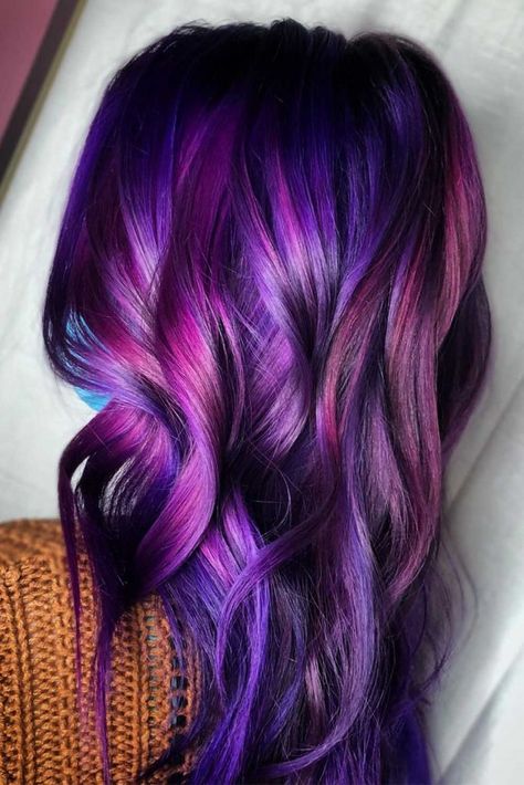 Hypnotic Purple And Black Hair Shades ★ Black Hair Shades, Purple And Black Hair, Purple Black Hair, Purple Hair Color Ombre, Exotic Hair Color, Girl With Purple Hair, Pink Purple Hair, Purple Ombre Hair, Hair Color Underneath