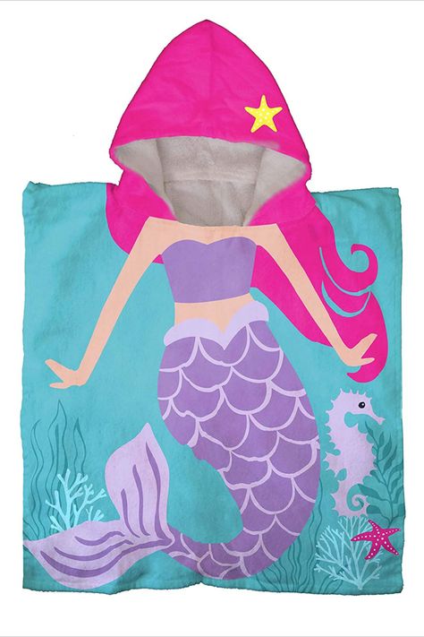 Trend Collector Mermaid Kids Bath/Pool/Beach Hooded Poncho Towel Video Baby Shark, Mermaid Towel, Poncho Towel, Mermaid Kids, Holiday Parades, Sharks For Kids, Swim Towel, Pink Minnie, Mermaid Beach