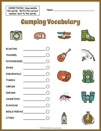 Free Printable Camping Vocabulary Worksheet Summer Camp Worksheets, Camping Worksheets Free Printable, Camping Writing Activities, Camping Vocabulary Preschool, Camping Theme Language Activities, Camping Worksheets, Worksheets For Adults, Camping Theme Preschool, Camp Read