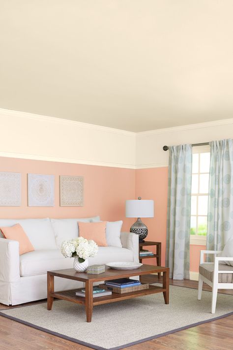 Wall Paint Combination, Peach Living Room, Peach Living Rooms, Peach Rooms, Living Room Color Combination, Small Room Interior, Room Color Combination, Cute Living Room, Peach Walls