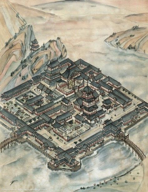 Ancient Japanese Architecture, Fantasy City Map, Architecture Antique, Legend Of The Five Rings, Chinese City, Ancient Chinese Architecture, Fantasy Town, Fantasy World Map, Japanese Castle