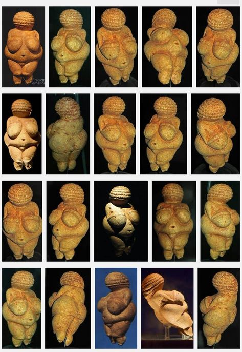 Venus of Willendorf from multiple views. Willendorf Goddesses, Venus Of Willendorf Tattoo, Venus Figurines, Paleolithic Art, Venus Of Willendorf, Clay Figurines, Goddess Sculpture, Ancient Goddesses, Prehistoric Art