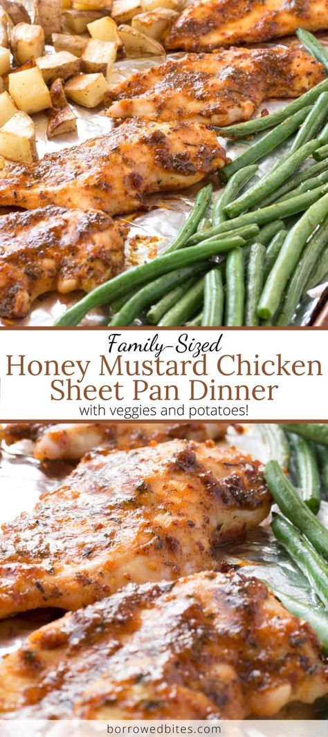 Chicken sheet pan dinners are a dream on a busy weeknight! This Honey Mustard Chicken Sheet Pan Dinner (with veggies and potatoes) won’t disappoint! The sauce is loaded with flavor for a sweet and savory dinner that’s accidentally healthy. Plus tips for keeping the chicken breasts juicy and the veggies perfectly roasted whether cooking for a large or small family. #sheetpan #sheetpandinners #sheetpanrecipes #easyrecipe #easydinner #chicken #chickenfoodrecipes #easyhealthymeals #weeknightdinner # Sheet Pan Honey Glazed Chicken And Potatoes, Chicken And Vegetable Dinner Ideas, Potatoe And Chicken Sheet Pan, Veggie Plate Dinner Ideas, Sheet Pan Chicken Veggies And Potatoes, One Sheet Pan Meals Chicken Healthy, Easy Sheet Pan Dinners For Two, Simple But Healthy Dinners, Keto Chicken Sheet Pan Dinner