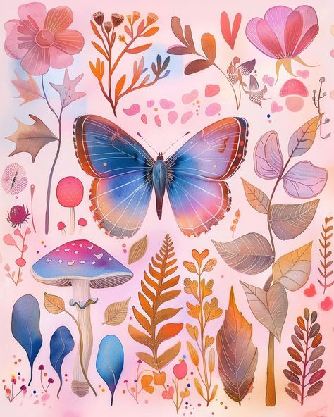 🦋🍄Blue Butterfly and Mushroom: Pink Botanical Whimsical Art✨🍄 In the depths of my heart, there exists a secret garden. This artwork depicts a part of that garden, where butterflies, mushrooms, enchanting plants, and magic reside. When I am weary, I can rest and play within this haven. The mystical mushrooms call me back to this sacred inner sanctuary, where I grow alongside these plants and fungi. May this piece also awaken the secret garden within your heart. . . . #BotanicalArt #FloralDecor... Butterfly And Mushroom, Mystical Mushrooms, Whimsical Butterflies, Sweet Dream Bedroom Style, Pink Botanical, Whimsical Wedding Decorations, A Secret Garden, Whimsical Wall Art, Relaxing Art