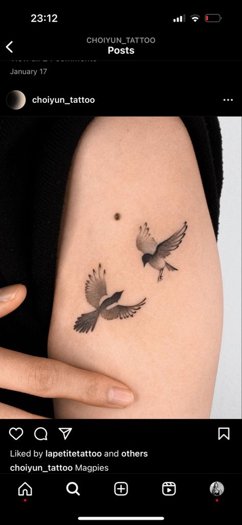 Robin Tattoo Minimalist, Tiny Magpie Tattoo, Fine Line Magpie Tattoo, Symmetrical Bird Tattoo, Korean Magpie Tattoo, 2 Magpies Tattoo, Nightingale Tattoo Minimalist, Simple Magpie Tattoo, Swift Tattoo Birds