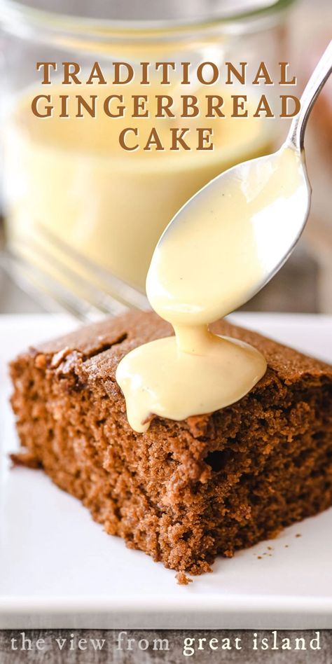 Classic old fashioned gingerbread cake, not too sweet or too spicy ~ this moist snack cake is perfect drizzled with warm vanilla custard sauce! British Desserts Traditional, Old Fashioned Gingerbread Cake, 2023 Desserts, Old Fashioned Gingerbread Recipe, Vanilla Custard Sauce, Old Fashioned Gingerbread, Baking Deserts, Gingerbread Recipes, Gingerbread Cake Recipe