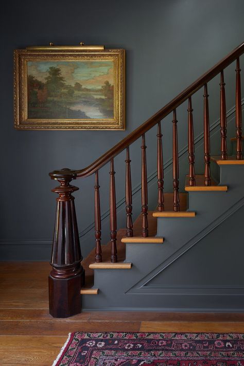 Quaker Hill Farmhouse, New York, Extensive Interior & Exterior Renovation   Interiors by FIG Interior Design Photo by Gieves Anderson Old Country Houses, Entry Stairs, Stair Case, Greek Revival, Staircase Design, Blue Walls, How To Antique Wood, House Inspo, House Inspiration