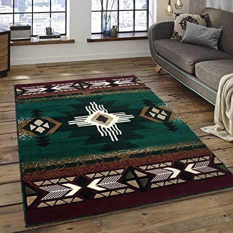 Champion Rugs Southwest Native American Navajo Aztec Indian Green Carpet Area Rug (8 Feet X 10 Feet) Native American Rugs Navajo Weaving, Hacienda Decor, Aztec Prints, Native American Rug, Burgundy Weave, Awesome Boy, Aztec Decor, Native American Rugs, Native American Decor