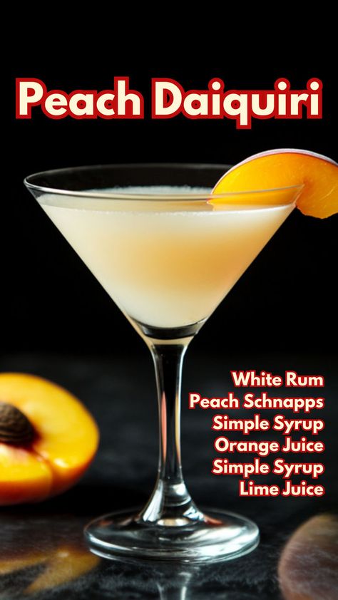 Peach Daiquiri Alcoholic Drinks Rum, Peach Daiquiri Recipe, Summer Rum Cocktails, Peach Daiquiri, Daiquiri Recipe, Peach Cocktail, Pretty Alcoholic Drinks, Cocktail Drinks Alcoholic, Mixed Drinks Alcohol