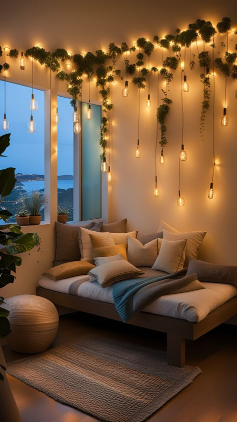 Cozy Vibes Only: Bedroom Lighting Inspiration Cozy Bedroom Lighting, Hiasan Bilik Tidur, Easy Room Decor, Interior Design Per La Casa, Fall Bedroom, Cute Bedroom Decor, Christmas Bedroom, Makeover Bedroom, Cozy Room Decor